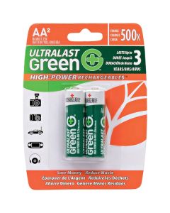 Ultralast ULGHP2AA Green High-Power Rechargeables AA NiMH Batteries, 2 pk